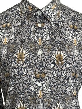 Morris & Co x H&M Button-Down Shirt Men Small Gray White Gold Floral Lyocell